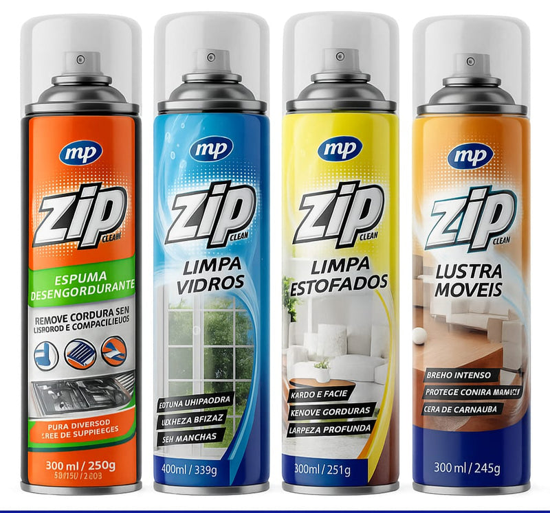 Kit Zip Clean 4 em 1 – Desengordurante, Vidros, Estofados e Móveis